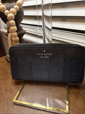 kate spade Black Suede Zip Wallet with Gold Logo